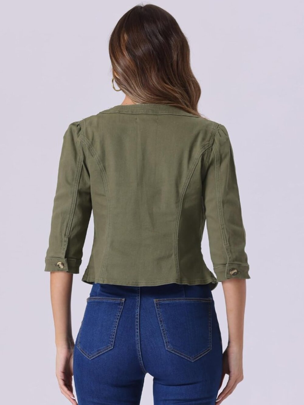 〽️Women’s Army Green Denim Cardigan | Short Cropped Jean Jacket with 3/4 Sleeves - Picture 2 of 5